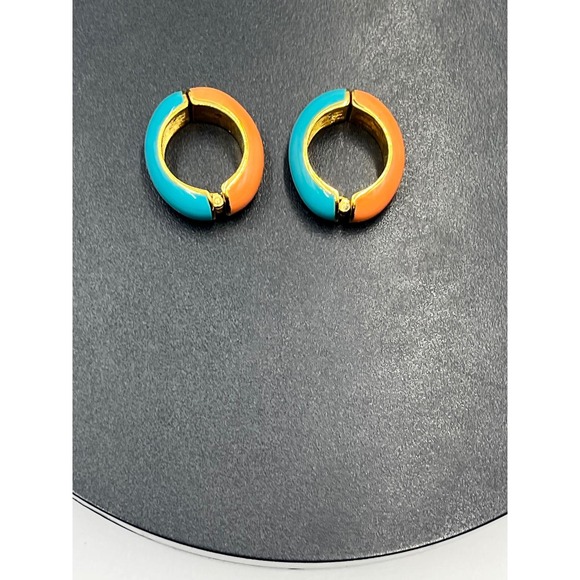 KJL Vintage KJL Signed Blue Orange Enamel Huggie Hoop Earrings snap on versatile - Picture 6 of 11